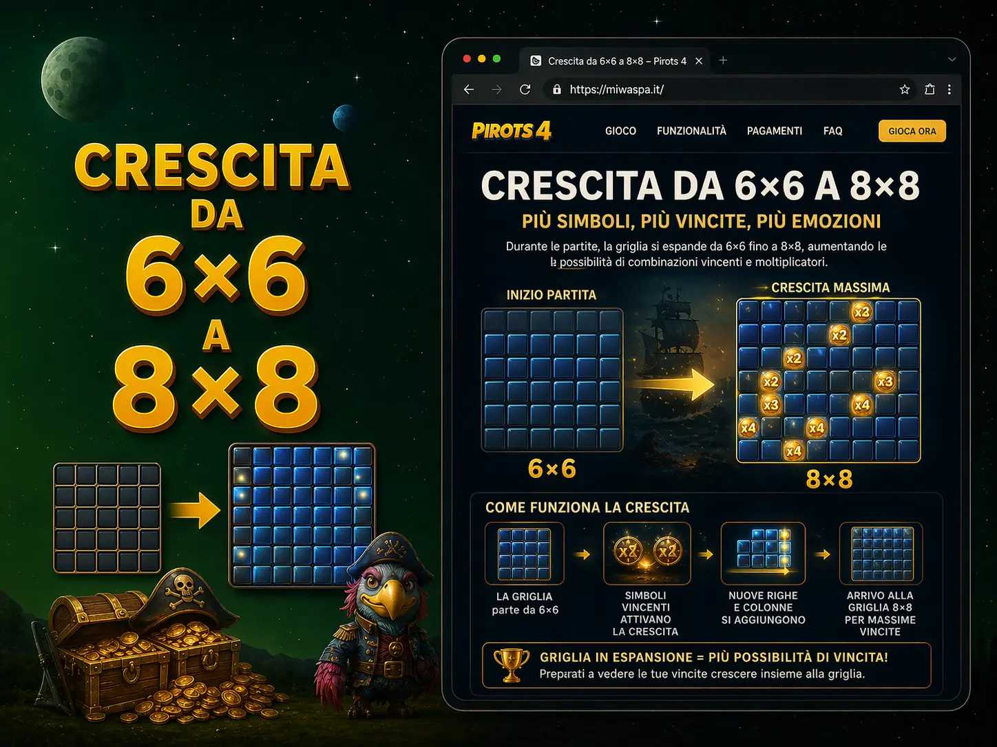 Dimensione della griglia: crescita da 6×6 a 8×8